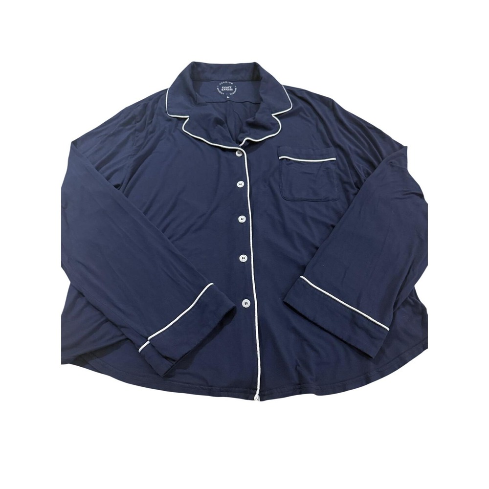 Cozy Earth Navy Blue Bamboo Long Sleeve Pajama Top Button Down Contrast Piping L